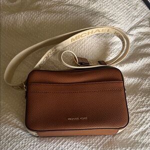 Michael Kors Brown Leather Crossbody with Cream Branded Strap